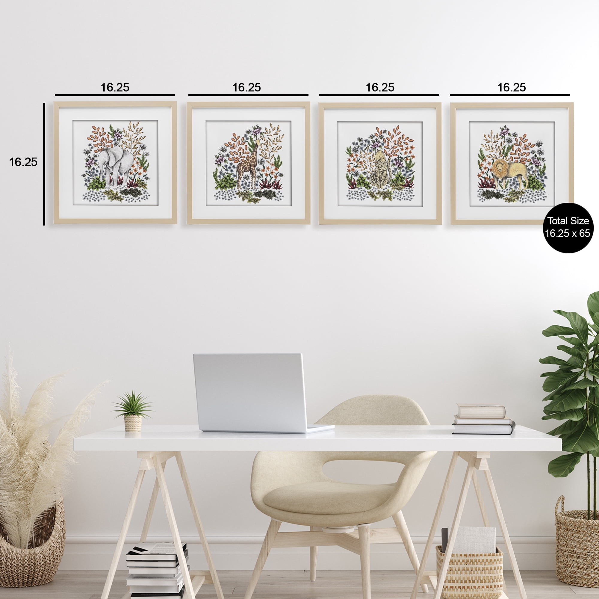 Jungle Wildlife & Botanicals 4 Piece Birch Framed Print Under Glass Set, design by Cecilia Battaini
