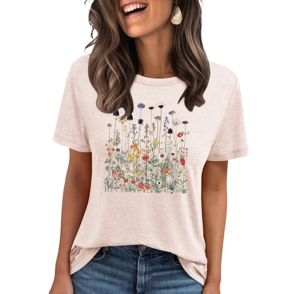 Floruhand Women's Funny Boho Floral Crewneck T-Shirt Vintage Wildflowers Graphic Short Sleeve Tee Summer Shirts