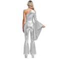 thumbnail image 2 of TiaoBug Women 70s Disco Costume One Shoulder Long Sleeve Bell Bottom Hippie Club Jumpsuit Silver L, 2 of 5
