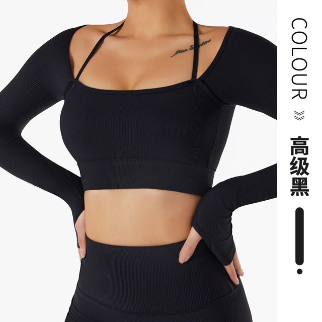 Traje de Yoga sin costuras para mujer, ropa deportiva ajustada de cintura alta para Fitness, Top corto de manga larga para gimnasio, mallas deportivas
