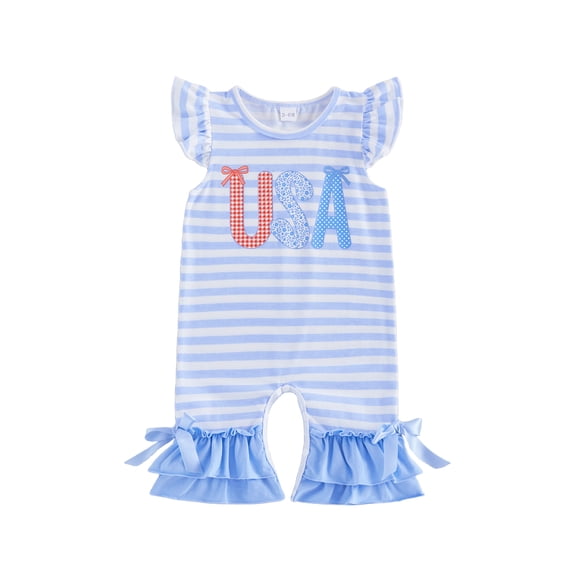 BemeyourBBs Newborn Baby Girl 4th of July Outfit Patriot Independent Day Clothes Summer One Piece Romper Fly Sleeve Stripes USA Flag Letters Casual Ruffled Jumpsuit Baby Fourth of July Outfit