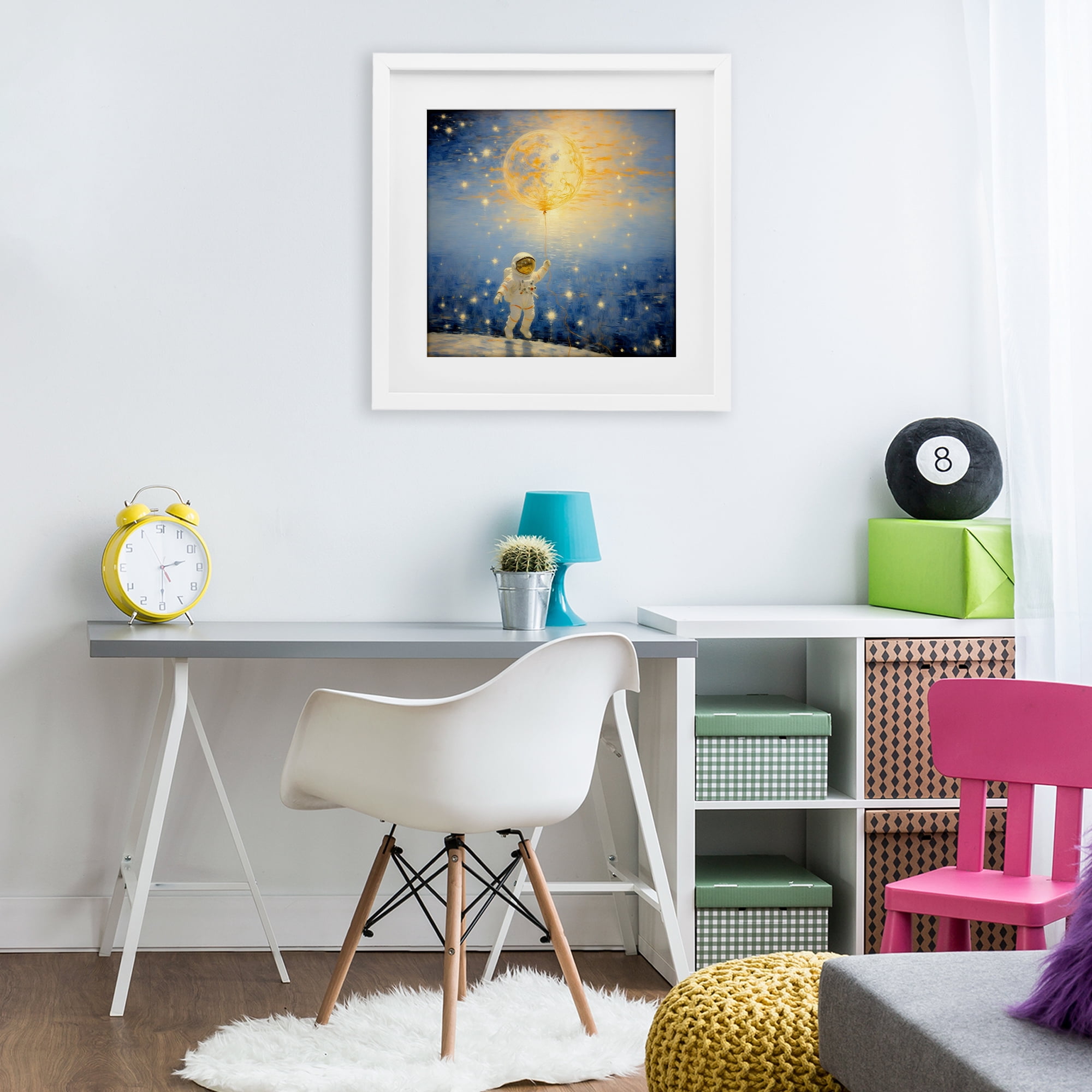 Astronaut with Dreamy Cosmic Balloon White Framed Print Under Glass, design by Angie Hawke