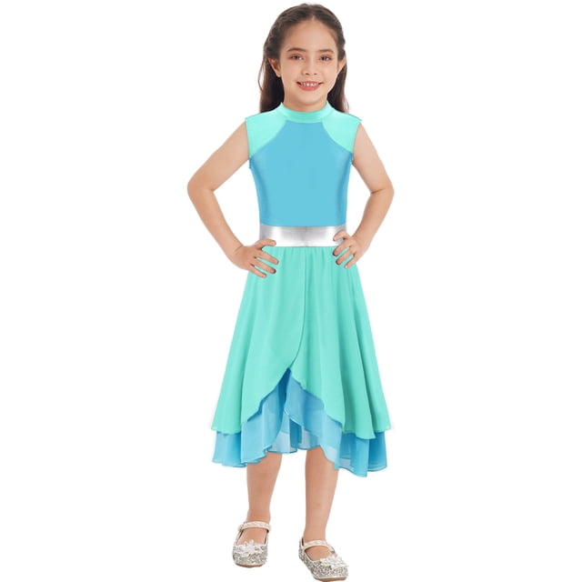Yartina Robe de Danse Sans Manches à Ourlet Enveloppé Patchwork Color Block pour Filles Menthe Verte&Bleue 16