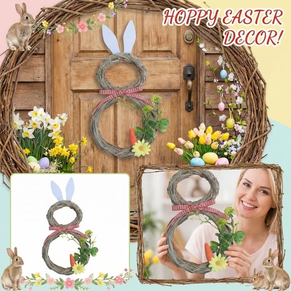 2026 New 12.6 InchEaster Woven Grass Bunny Hanging Ornament Spring Bunny Wreath for Front Door Easter Decorations with Carrots and Flowers for Home Decorations