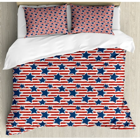 Royal Ruby 4th of July King Size Duvet Cover Set, Flag of the Greatest Nation in the World Stars and Stripes Old Glory, Decorative 3 Piece Bedding Set with 2 Pillow Shams, Royal Blue Ruby White, by Ambesonne ()