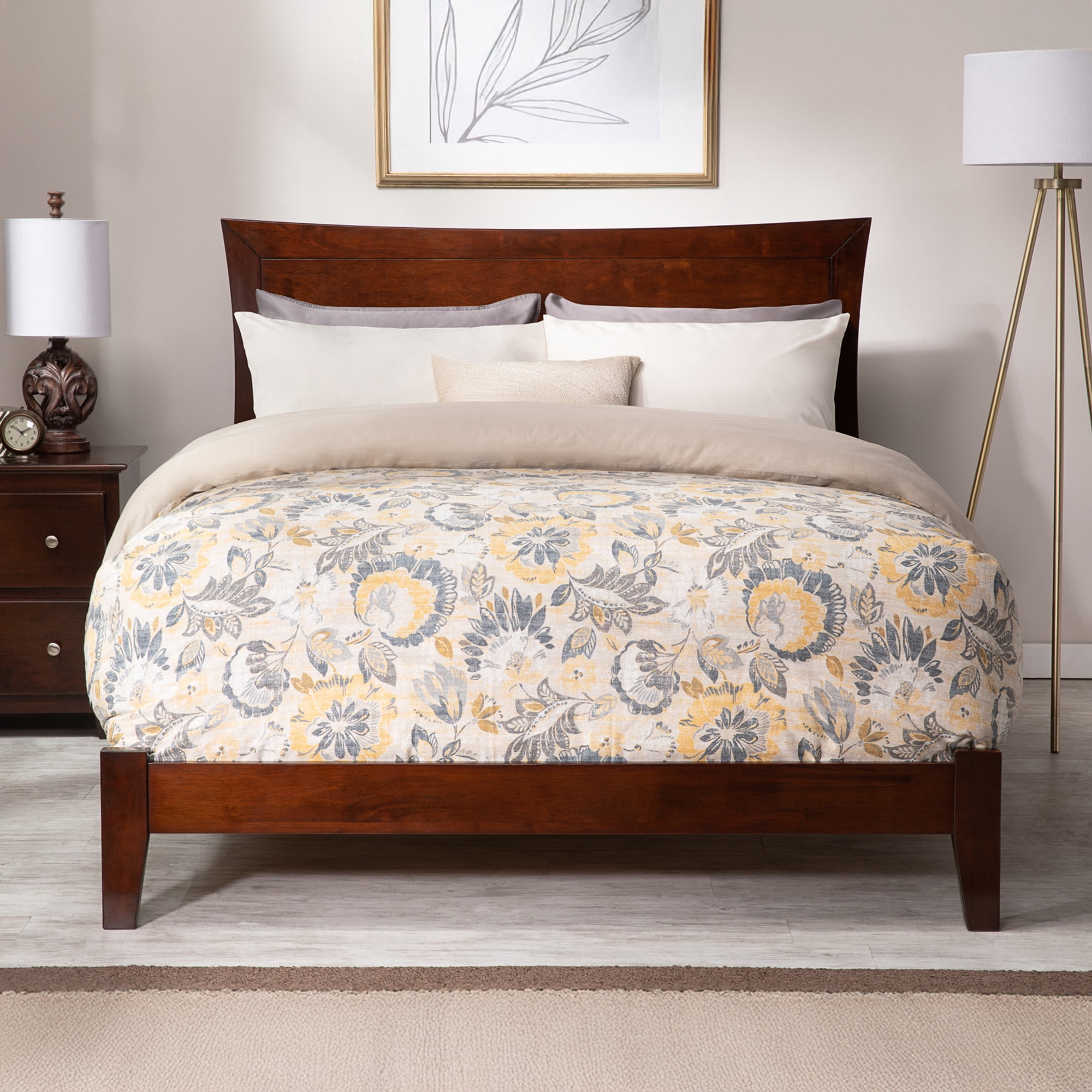 AFI Metro Full Low Profile Wood Platform Bed Frame with Panel Headboard, Walnut