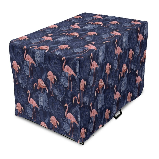 Jacobean Dog Crate Cover, Contemporary and Exotic Setting Floral Jungle Pattern with Flamingos, Easy to Use Pet Kennel Cover Small Dogs Puppies Kittens, 7 Sizes, Indigo Pink, by Ambesonne