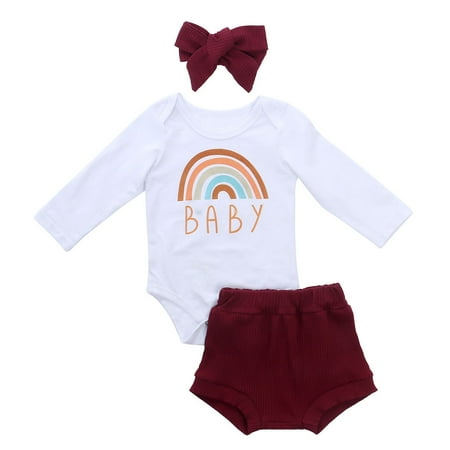 

Meihuida 3Pcs Girls Outfit Long Sleeve Romper and Knitted Shorts with Headband