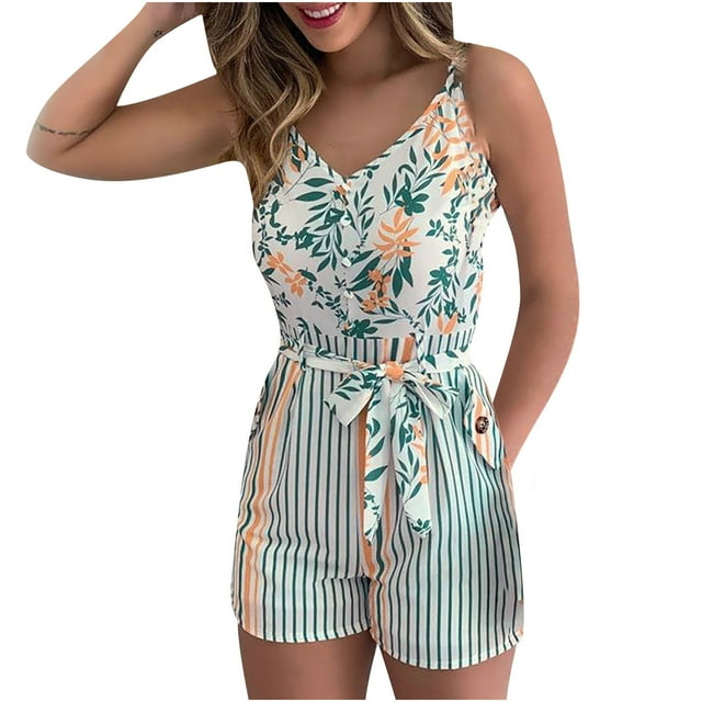 Pompotops Combinaison Courte à Bretelles Imprimée Feuilles et Rayures pour Femmes avec Ceinture et Poche