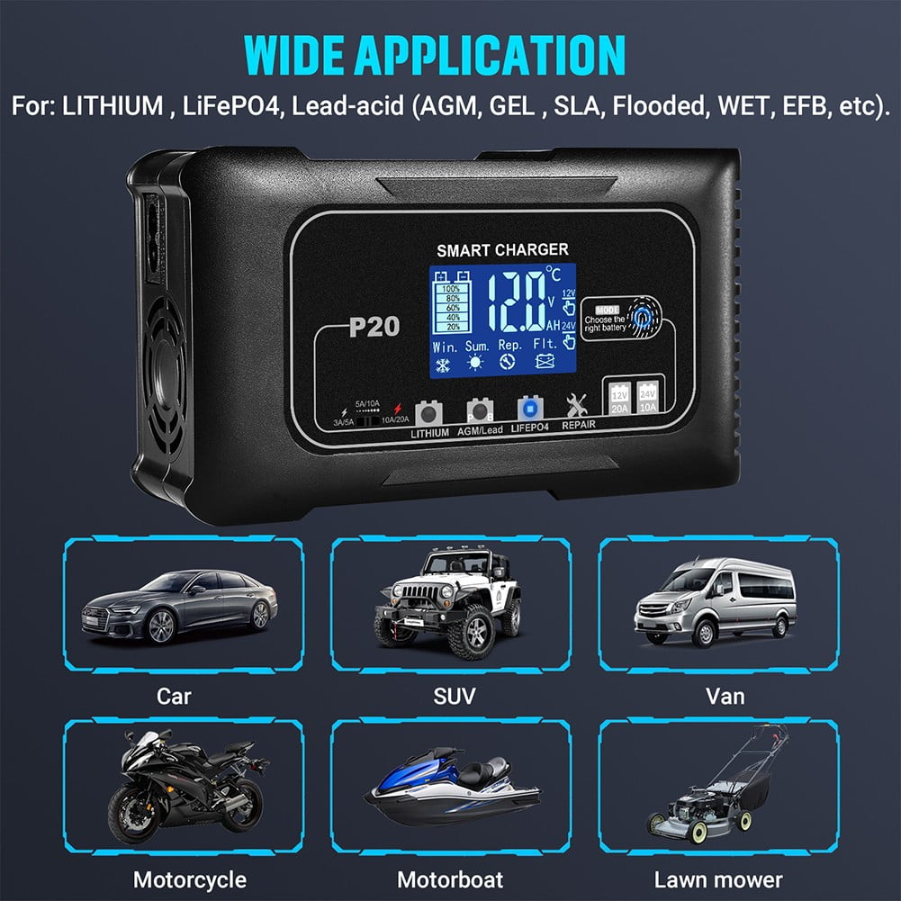 20 Amp Lithium Battery Charger 12V/24V Lifepo4 Lead-Acid(Agm/Gel/Sla) Maintainer by Coconut Ok