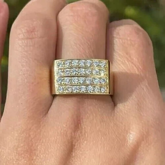 2Ct Round Cut Simulated Diamond Three Row Mens Cluster Wedding Engagement Ring 14k Yellow Gold Plated 925 Silver