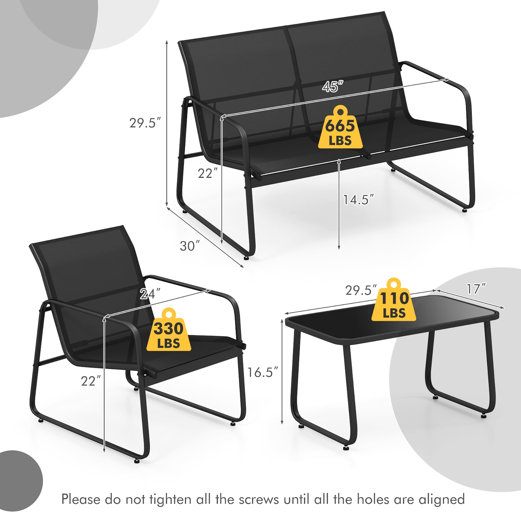 Costway 4-Pirce Tempered Metal Outdoor Patio Furniture Set, Black