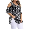 thumbnail image 3 of Camisa de mujer Blusa estampada con hombros descubiertos y manga corta con cuello en V, Negro, XXL kenally AP002468-17, 3 of 5