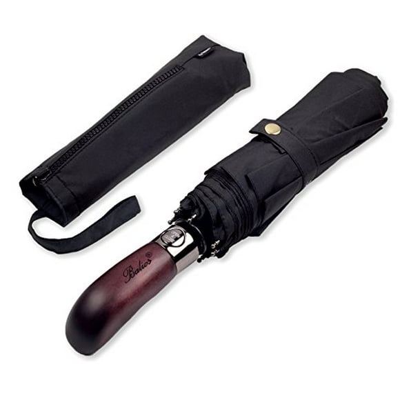 Balios Prestige Travel Umbrella, Real Wood Handle, Auto Open & Close, Vented Windproof Double Canopy, Designed in UK (Black with Real Wood Handle)
