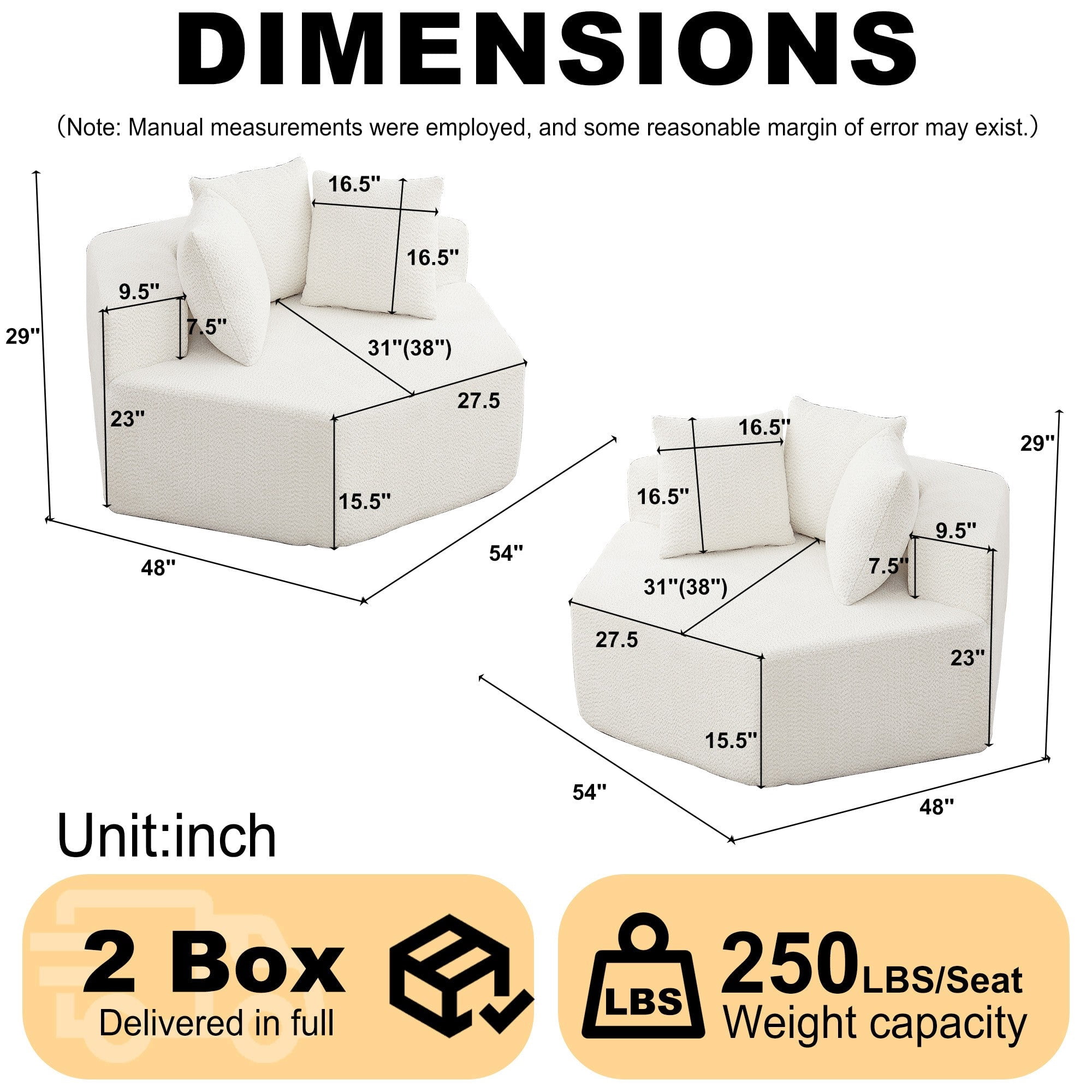 Sailvan 2PCS 54" Modern Hexagonal Modular Lounge Chair, Chenille Circular Sofa with Pillows, Modular Seating for Living Room & Bedroom Beige
