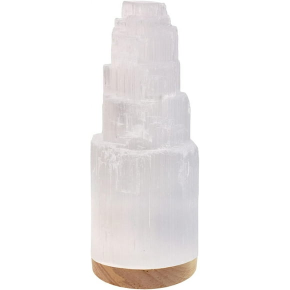 ERDS-Selenite Crystal Lamp 20cm, Hand Curved Wooden Base Moroccan Lamp, Selenite Lamp for Smudging, Healing & Meditation (ETL Certified)