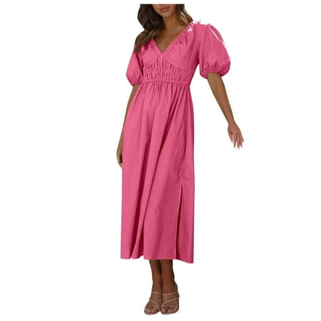 Blphud Women Summer Dresses 2024 Womens Long Dresses New Women s V Neck Puff Sleeves with High Waist Dress Short Sleeve Dress for Women Summer Dresses for Women 2024 Pink XL