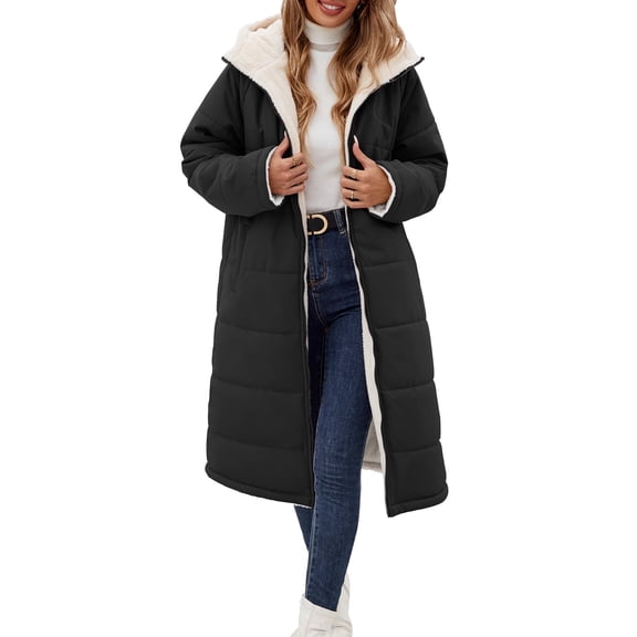 LVWQ Women’s Long Reversible Puffer Coat Sherpa Fleece Lined Hooded Winter Parka Quilted Warm Windproof Long Winter Coat