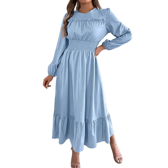 Wdgfv Ruffle Maxi Dress for Women, Pleated A Line Flowy, Business Casual, Holiday Modest Long Sleeve Smocked Spring
