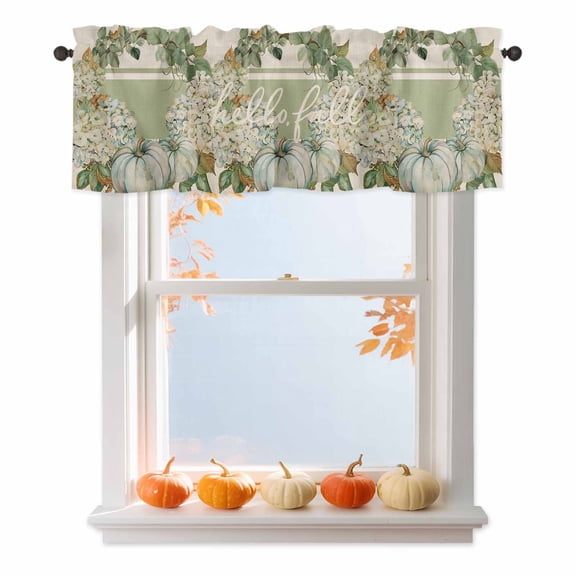 Valances for Windows Hello Fall Pumpkin Floral Wreath Leaves Rod Pocket Short Curtain for bathroom living room bedroom Green Stripe on Burlap 1 Panel 54x18in