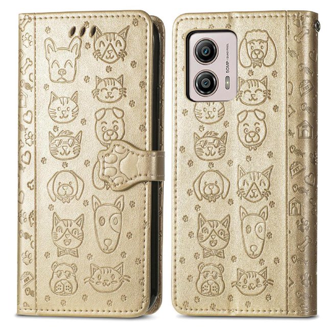 Funda Cartera FOXDOCK para MOTO G53 5G , Flip PU con Relieve de Gatos y Perros, Tarjetero y Soporte
