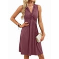 thumbnail image 4 of Women'S Twist Front V Neck Ruffle Summer Dress Elegant Sleeveless Club Party Tunic Bodycon Mini Dresses Wine Red M, 4 of 9