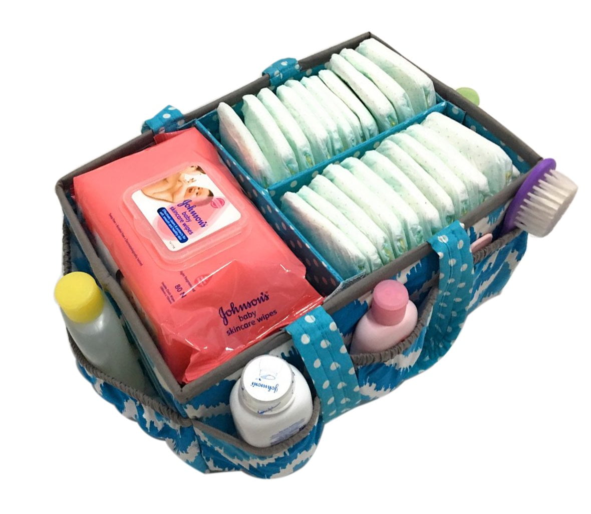 Bacati - Mix N Match Ikat Chevron/Dots Nursery Storage Caddy, Aqua/Turquoise/Gray