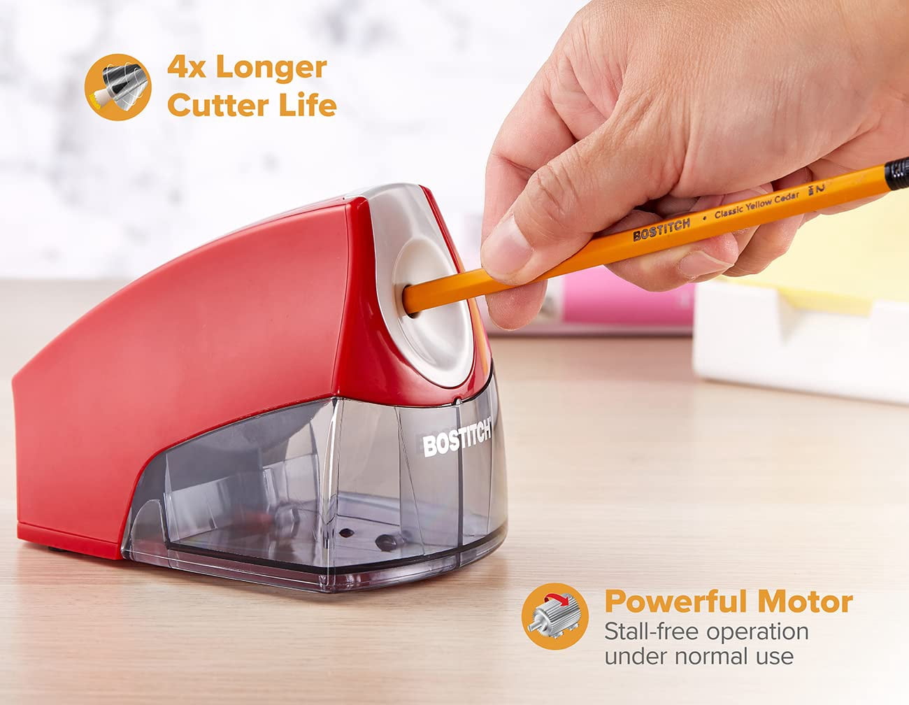 Office Electric Pencil Sharpener for Classroom & Desk Use, Heavy-Duty Stall-Free Motor, High-Capacity Shavings Tray, Red