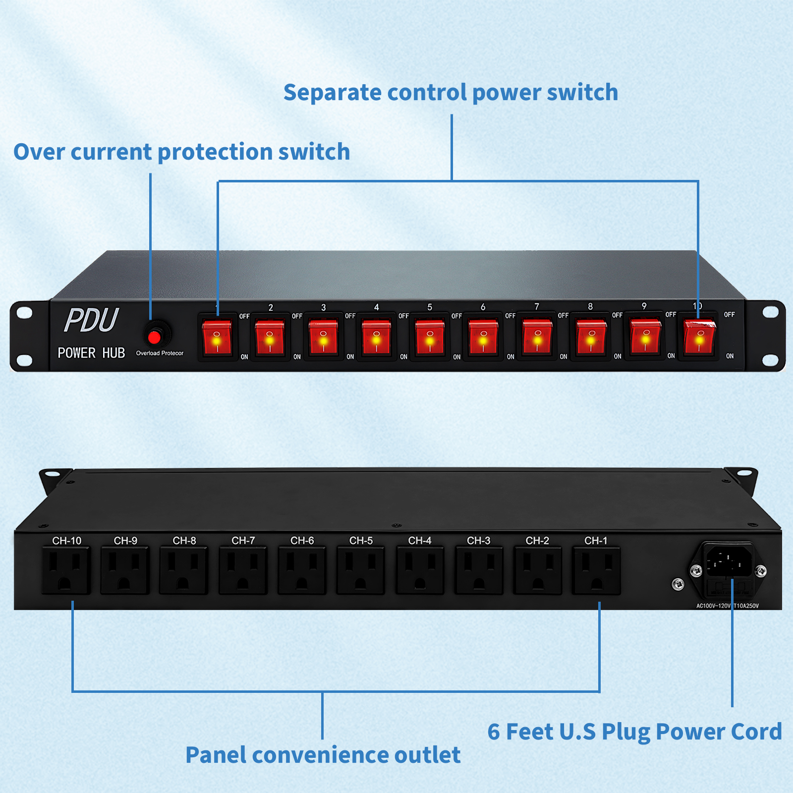 1U Rack Mount PDU Power Strip - Surge Protection AC 100V-240V-15A.for Network Server Racks, 6 Feet Heavy Power Cord