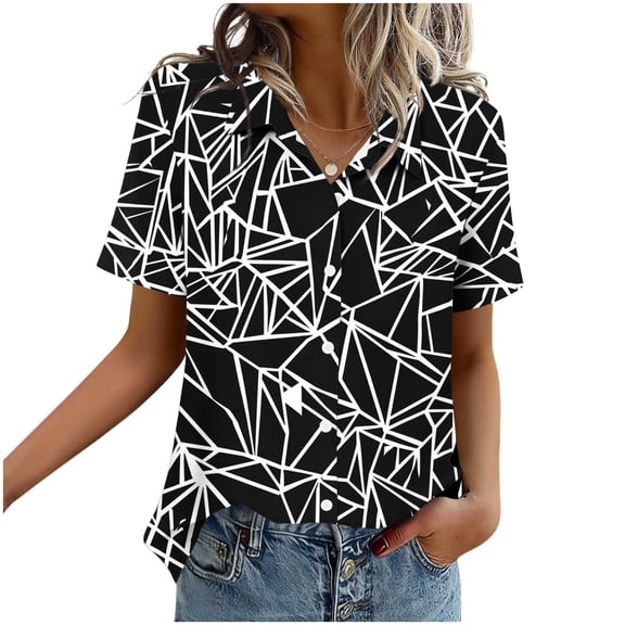 Ichuanyi Womens Button Down Shirt Short Sleeve Blouse V Neck Casual Printed Business Work Tops ButtonTop Blouse T-Shirt