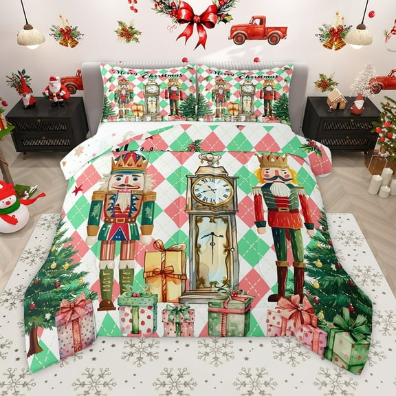 Homewish Vintage Nutcracter Soldier Bedding Comforter Set,Merry Christmas Twin Comforter Sets,Modern Geometric Plaid Bedding Set For Girls Teens,Super Cozy Room Decor Reversible,2 Pieces