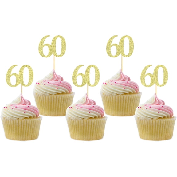 60th Birthday Cupcake Toppers, Gold Glitter, Number 60 Picks for Anniversary Party Decorations, 12 Pack