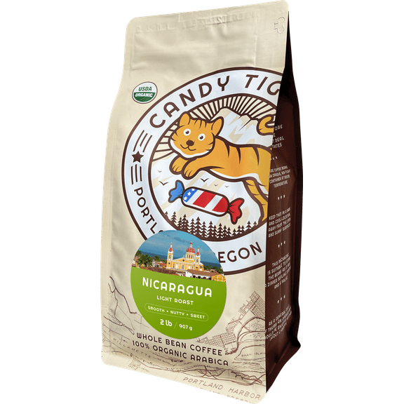 Candy Tiger USDA Organic Light Roast Whole Bean Nicaragua Coffee. Naturally Caffeinated, Chocolate Tasting Notes 2 lb.