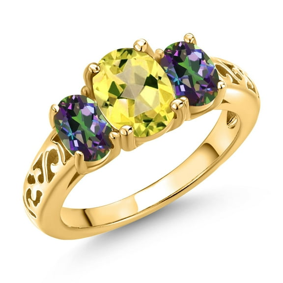 Gem Stone King 18K Yellow Gold Plated Silver Canary Mystic Topaz and Green Mystic Topaz Filigree Style 3 Stone Ring for Women (2.76 Cttw, Oval 8X6MM and 6X4MM) (Size 7)