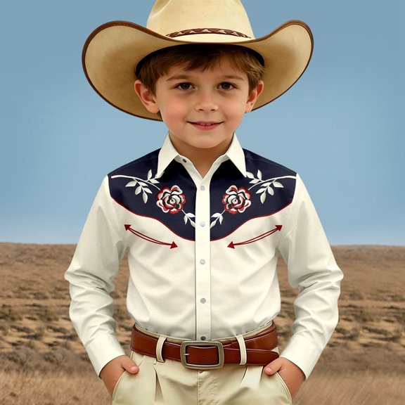 FYDUU Boy's Western Cowboy Shirt Printed Long Sleeve Shirts Vintage Casual Button Down Dress Shirts Festival Tops For Kids Regular Fit Blouses 8-9 Years