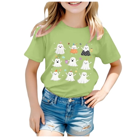 Staki Girls Shirt Halloween T-Shirts for Toddler Girls Short Sleeve Crew Neck Printing Tees Tops 2-14Y 13-14 Years