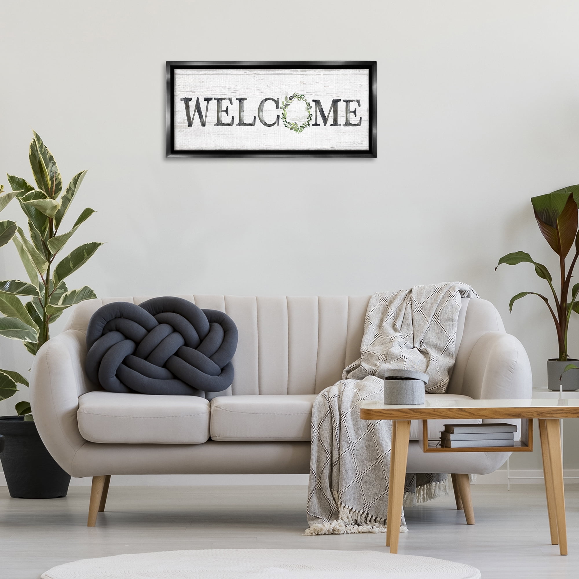 Stupell Industries Welcome with Floral Wreath Text & Numbers Painting Black Floater Framed Canvas Art Print Wall Art, 31 x 14