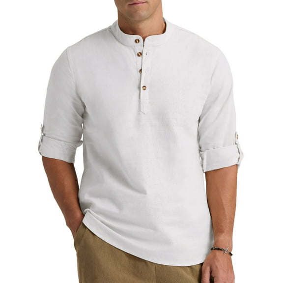 Iceglad Men Henley Neck Long Sleeve Cotton Linen Shirt Casual Beach Outfit Dress Shirt White L