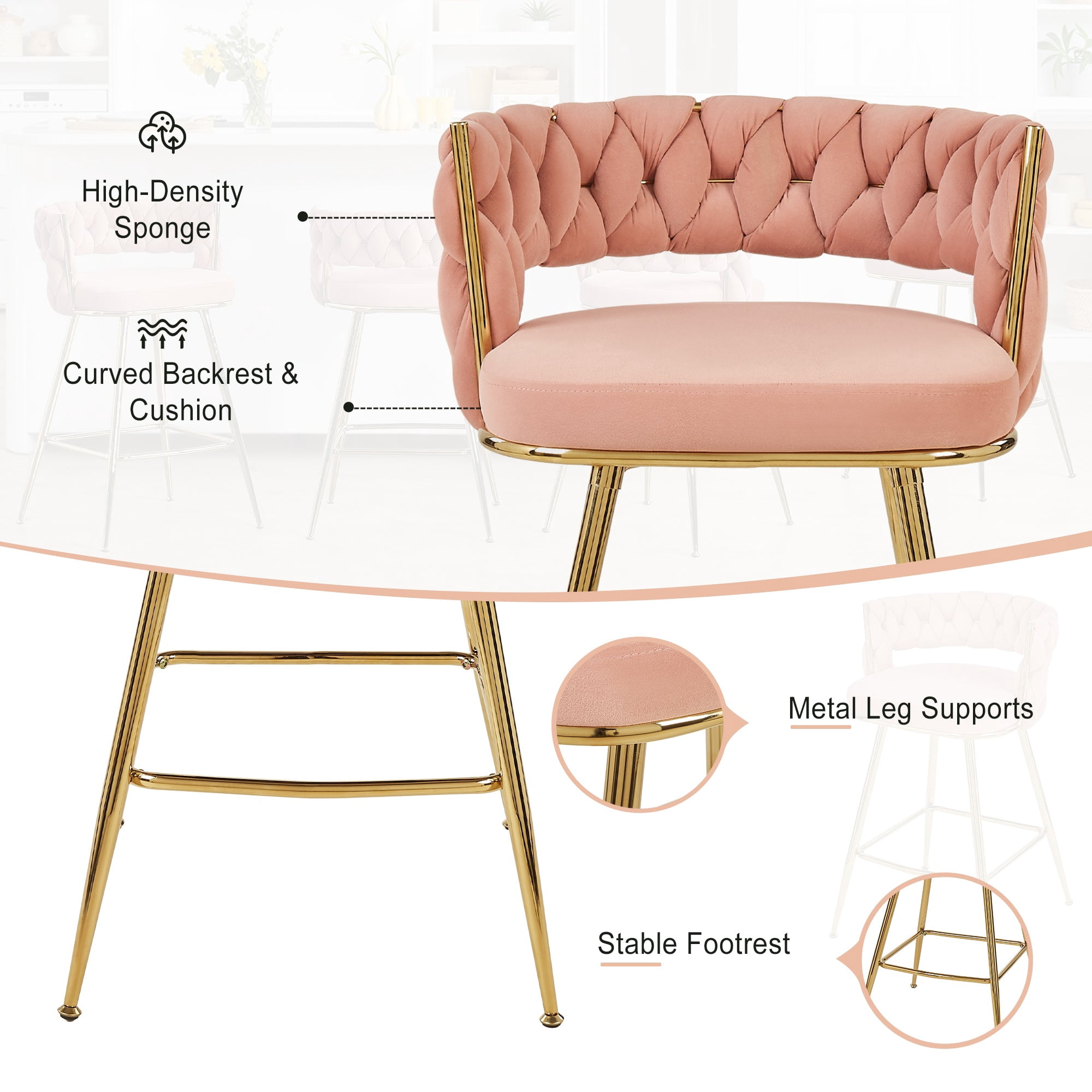 VECELO Modern Braided Bar Stools Set of 2 – Velvet Counter Height Upholstered Stools with Woven Back Support & Footrest, Heavy-Duty Metal Frame Bar Chairs for Kitchen Island,Pink