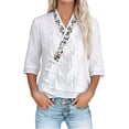 thumbnail image 1 of Mujeres manga corta de verano Tops imitación bordado V-cuello hebilla cinco cuartos de manga blusa, primavera en verano casual moda superior, 1 of 7