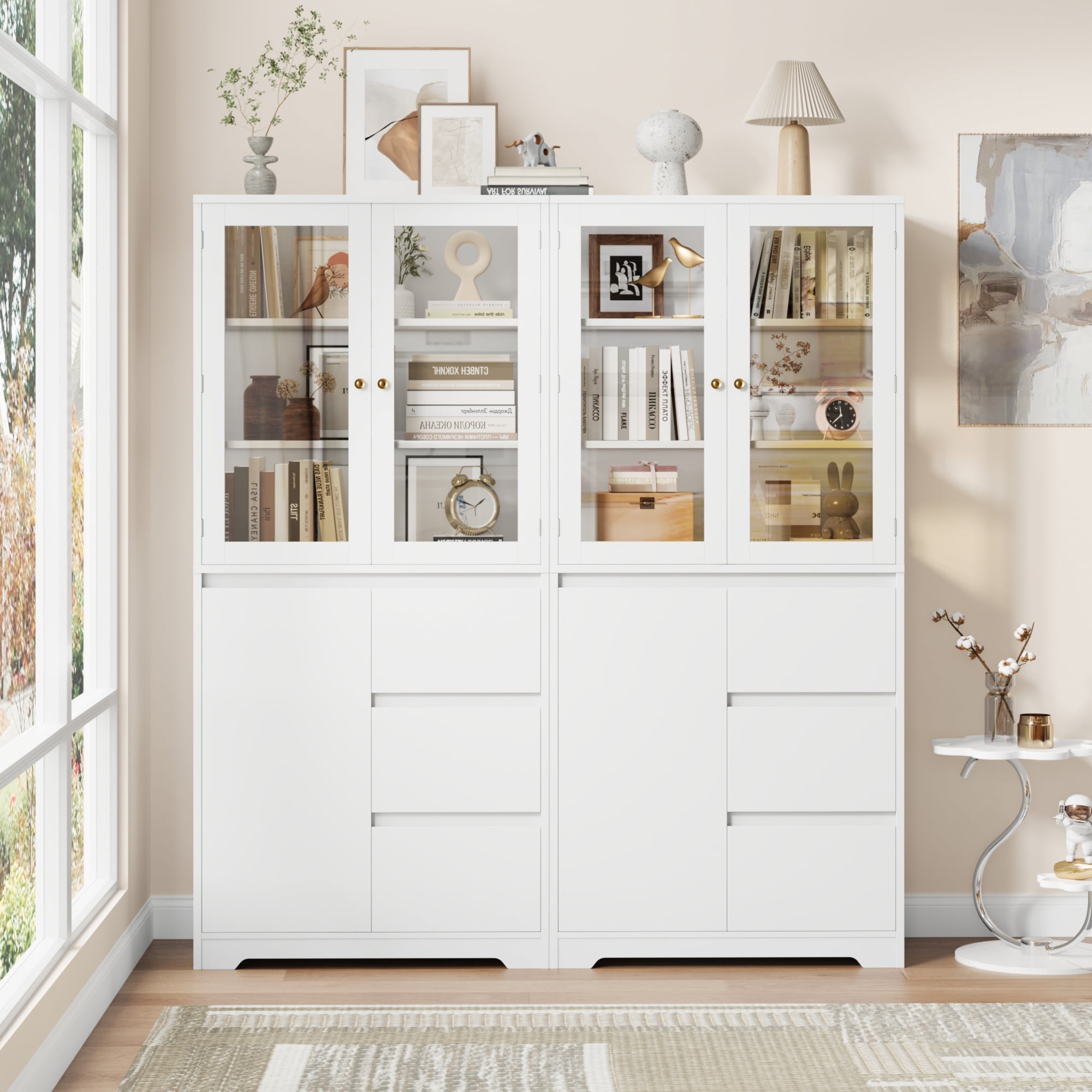 Homfa 71" Glass Door Bookshelf Bookcase with 3 Large Drawer, 3-Tier Modern Bookshelves with Adjustable Shelf, White