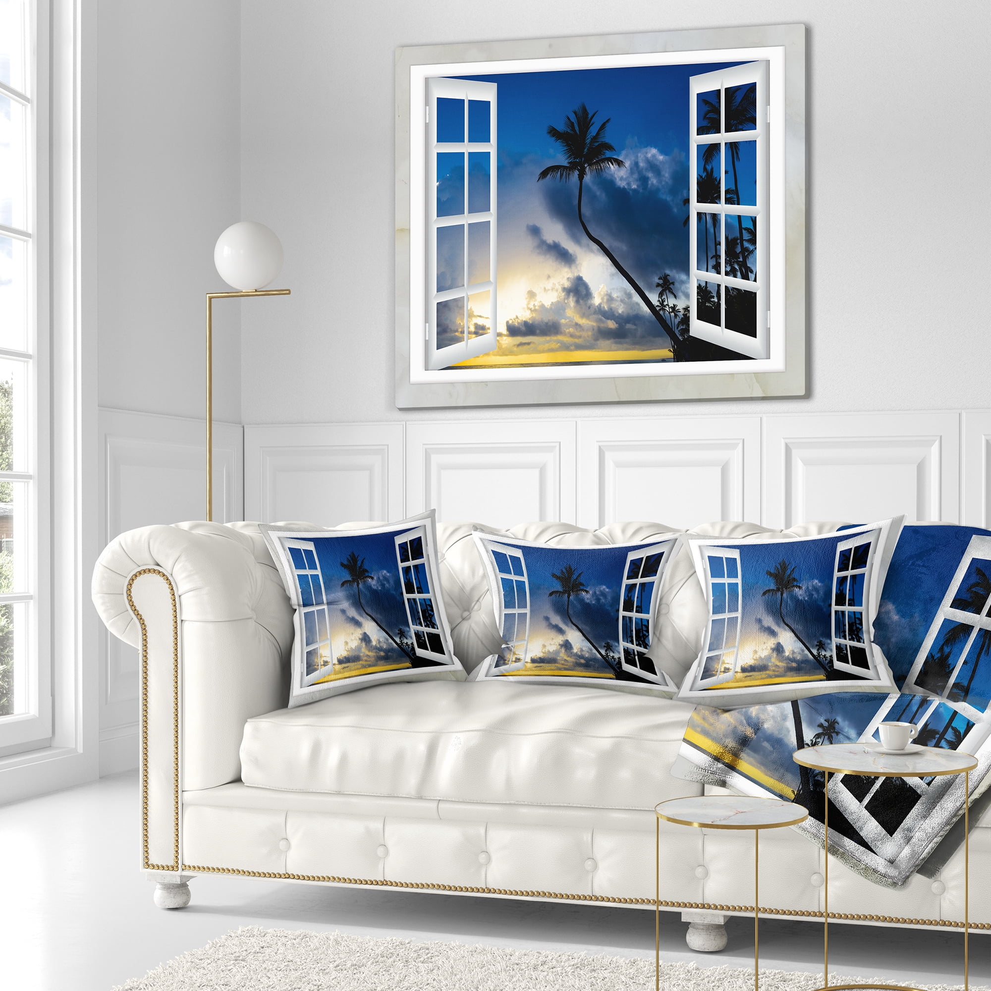Designart Window to Beach with Coconut Palms - Landscape Printed Throw Pillow - 16x16