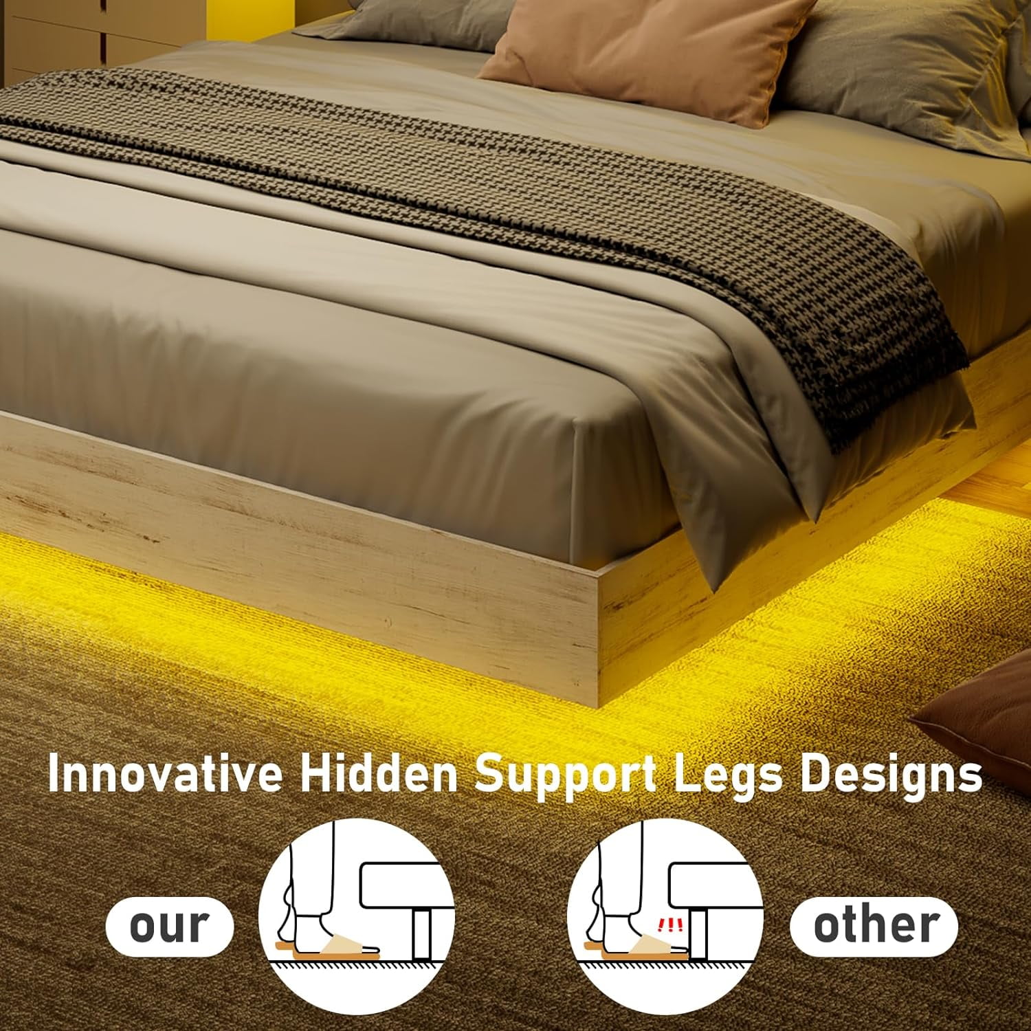 VanAcc Full Size Wood Floating Bed Frame with Headboard & LED Light, Wooden Platform Bed Frame with Slats Support, Easy Assembly, White Birch