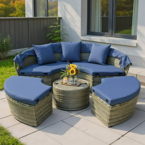 Resenkos Outdoor PE Wicker Round Daybed with Retractable Canopy and Cushions-Navy, Patio Seating Conversation Set, Modern Patio Sofa Sectional All Weather Proof for Patio Back Deck