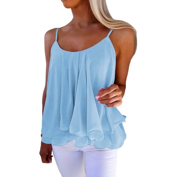 XFLWAM Womens Summer Tank Tops Scoop Neck Spaghetti Strap Camisole Casual Loose Fit Sleeveless Ruffle Flowy Camis Shirts