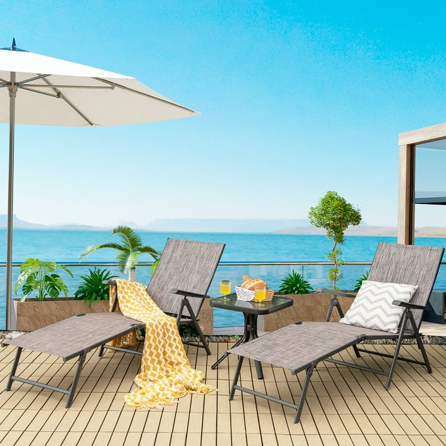 Costway Patio 2 PCS Folding Chaise Lounge Chair Outdoor Portable Reclining Lounger Grey