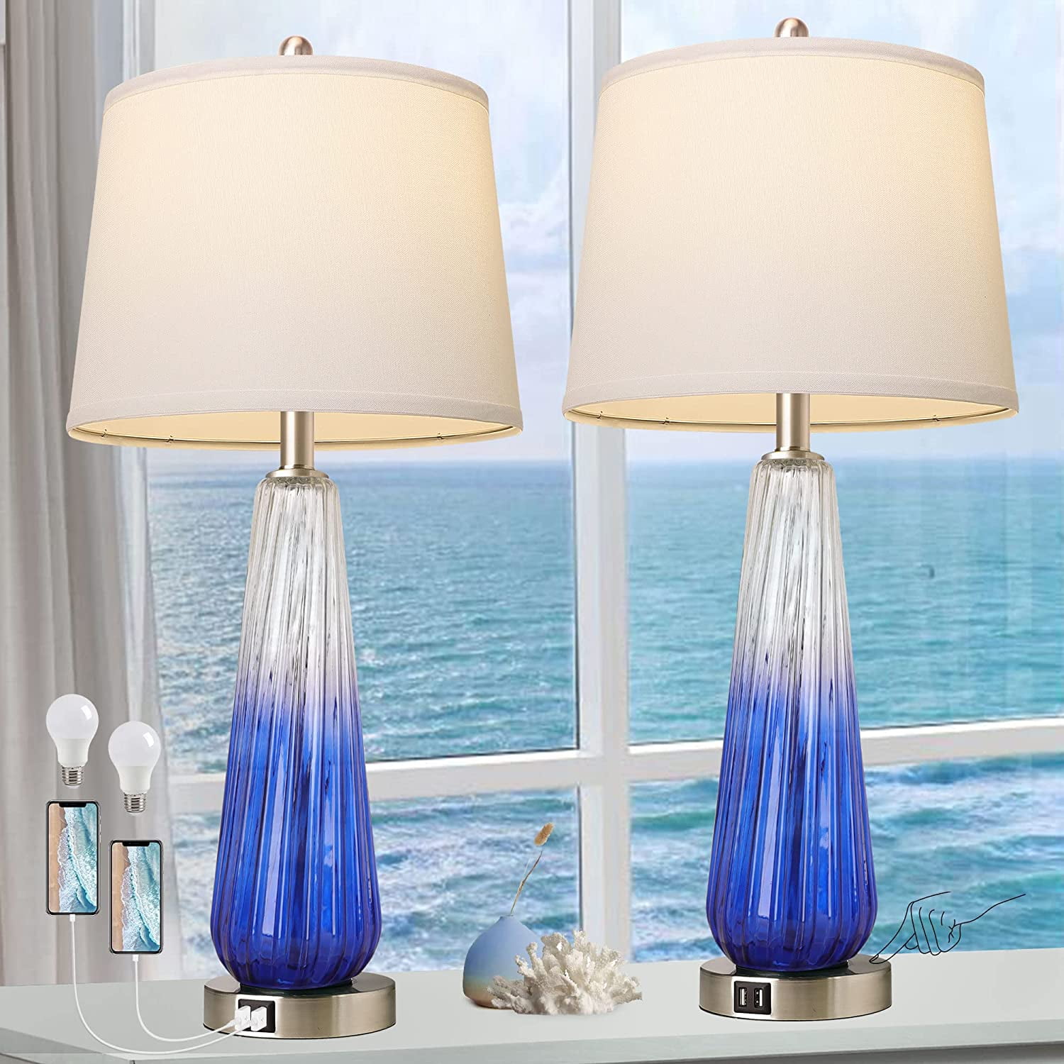 Table Lamps Set of 2 with Touch Control, 3Way Dimmable Modern Glass