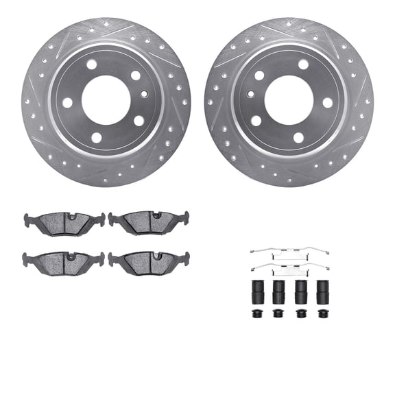 Dynamic Friction Company Rear Brake Rotors-Drilled and Slotted-Silver with 5000 Advanced Brake Pads includes Hardware 7512-31013