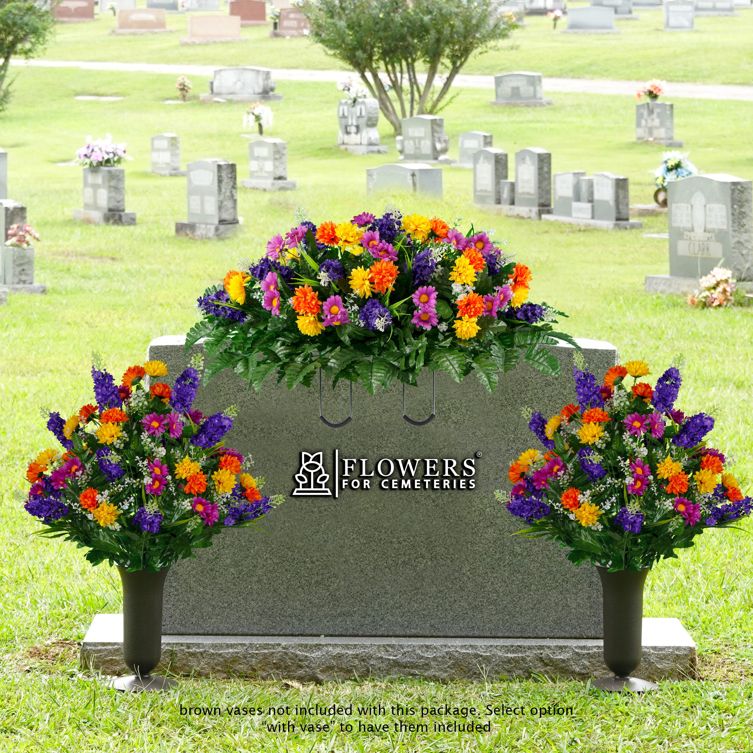 Sympathy Silks Artificial Cemetery Flowers - Red Yellow Purple Wildflowers - 2 Bouquets with Vases and Headstone Saddle