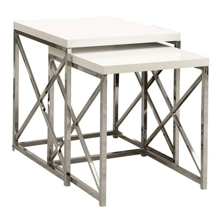 Art Deco Nesting Tables - Monarch Nesting Table 2Pcs Set / Glossy White / Chrome Metal